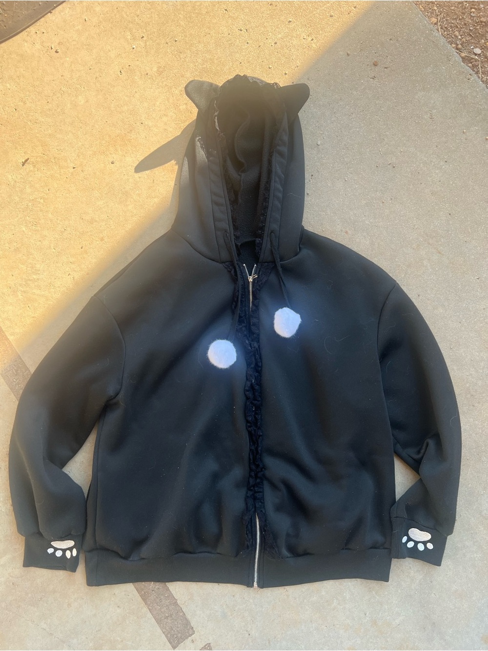 Black Hooded Zip Hoodie with Animal Ear and Paw Details